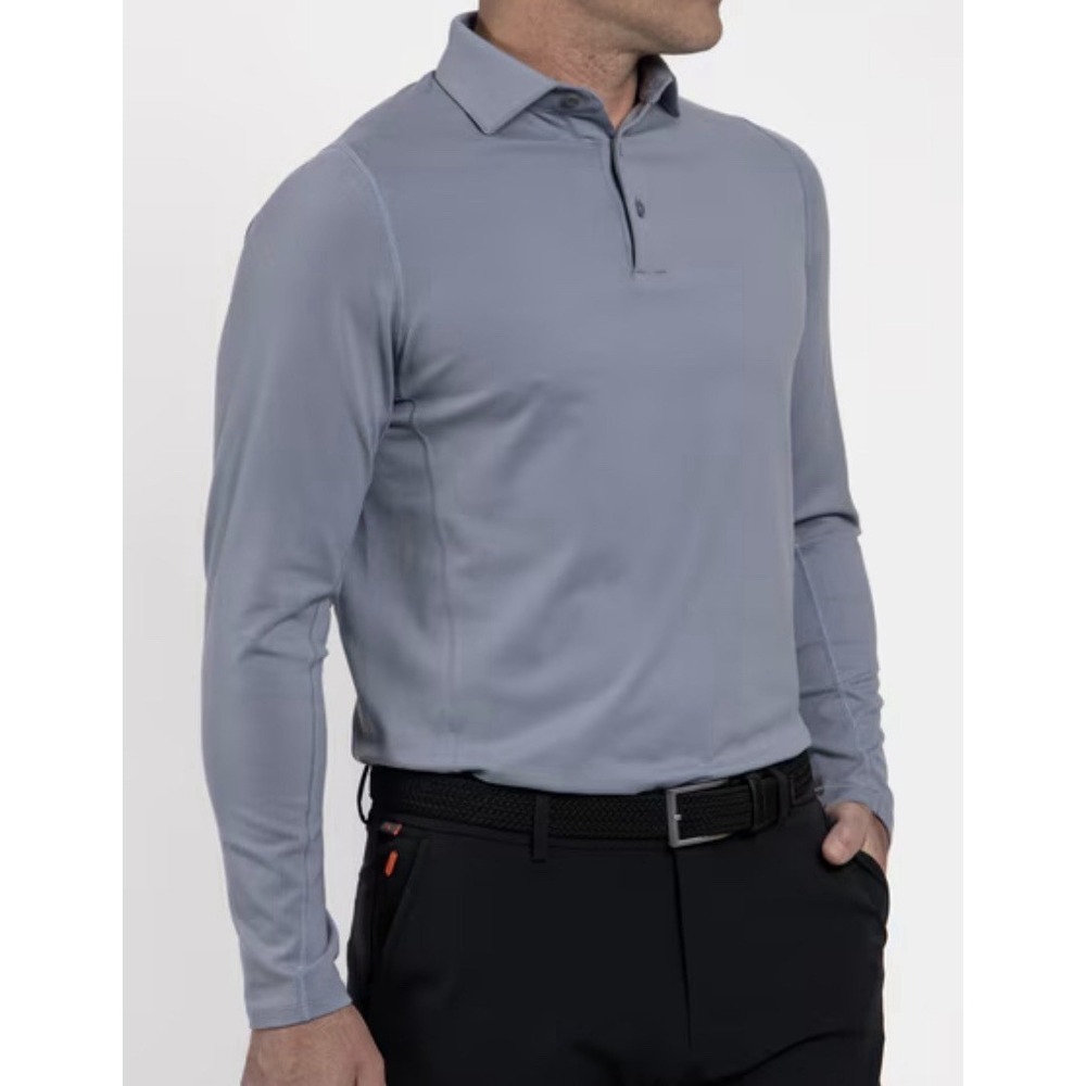 Kjus Men's Gray Striped Long Sleeve Golf Polo Shirt Performance UPF 50+ Sz L